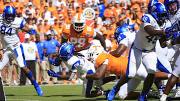 KNOXVILLE, TENNESSEE - AUGUST 31: Ben Hood #28 of Georgia State Panthers dives into the end-zone to score a touchdown against Tennessee Volunteers during the first quarter of the season opener at Neyland Stadium on August 31, 2019 in Knoxville, Tennessee. (Photo by Silas Walker/Getty Images)