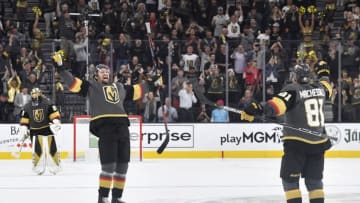 LAS VEGAS, NEVADA - OCTOBER 17: Mark Stone #61 and Jonathan Marchessault #81 of the Vegas Golden Knights celebrate after defeating the Ottawa Senators in a shootout at T-Mobile Arena on October 17, 2019 in Las Vegas, Nevada. (Photo by Jeff Bottari/NHLI via Getty Images)