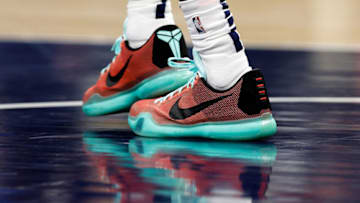 MINNEAPOLIS, MINNESOTA - NOVEMBER 04: A view of the Nike sneakers worn by Nickeil Alexander-Walker #9 of the Minnesota Timberwolves against the Utah Jazz in the first quarter at Target Center on November 04, 2023 in Minneapolis, Minnesota. The Timberwolves defeated the Jazz 123-95. NOTE TO USER: User expressly acknowledges and agrees that, by downloading and or using this photograph, User is consenting to the terms and conditions of the Getty Images License Agreement. (Photo by David Berding/Getty Images)