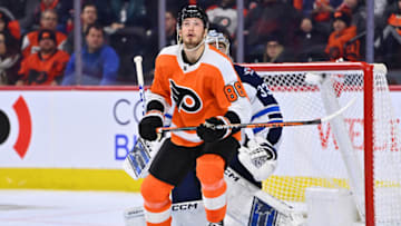 Jan 22, 2023; Philadelphia, Pennsylvania, USA; Philadelphia Flyers left wing Joel Farabee (86) looks for the puck against the Winnipeg Jets in the second period at Wells Fargo Center. Mandatory Credit: Kyle Ross-USA TODAY Sports
