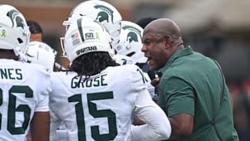 Oct 1, 2022; College Park, Maryland, USA; Michigan State Spartans head coach Mel Tucker speaks with the team during the first half against the Michigan State Spartans at Capital One Field at Maryland Stadium. Mandatory Credit: Tommy Gilligan-USA TODAY Sports