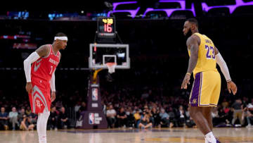 LOS ANGELES, CA - OCTOBER 20: LeBron James #23 of the Los Angeles Lakers guards Carmelo Anthony #7 of the Houston Rockets during the second quarter at Staples Center on October 20, 2018 in Los Angeles, California. (Photo by Harry How/Getty Images)