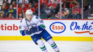 Sep 25, 2015; Calgary, Alberta, CAN; Vancouver Canucks center Hunter Shinkaruk (48) skates against the Calgary Flames during the second period at Scotiabank Saddledome. Mandatory Credit: Sergei Belski-USA TODAY Sports