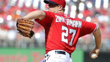 Sep 28, 2014; Washington, DC, USA; Washington Nationals starting pitcher Jordan Zimmermann (27) throws during the second inning inning against the Miami Marlins at Nationals Park. Mandatory Credit: Brad Mills-USA TODAY Sports