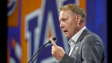 Auburn footballJul 18, 2023; Nashville, TN, USA; Auburn Tigers head coach Hugh Freeze speaks with the media during SEC Media Days at Grand Hyatt. Mandatory Credit: Steve Roberts-USA TODAY Sports