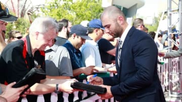 LAS VEGAS, NV - JUNE 21: Mark Giordano of the Calgary Flames signs autographs as he arrives on the magenta carpet for the 2017 NHL Awards at T-Mobile Arena on June 21, 2017 in Las Vegas, Nevada. (Photo by Jeff Vinnick/NHLI via Getty Images)