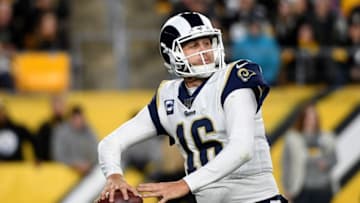 PITTSBURGH, PA - NOVEMBER 10: Jared Goff #16 of the Los Angeles Rams passes in the second quarter against the Pittsburgh Steelers at Heinz Field on November 10, 2019 in Pittsburgh, Pennsylvania. (Photo by Justin Berl/Getty Images)