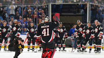 BUFFALO, NY - APRIL 13: Craig Anderson #41 of the Buffalo Sabres thanks the fans after the his final NHL game against the Ottawa Senators at KeyBank Center on April 13, 2023 in Buffalo, New York. (Photo by Kevin Hoffman/Getty Images)