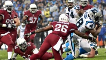 Jan 3, 2015; Charlotte, NC, USA; Carolina Panthers running back Jonathan Stewart (28) runs for a touchdown against Arizona Cardinals free safety Rashad Johnson (26) during the first quarter in the 2014 NFC Wild Card playoff football game at Bank of America Stadium. Mandatory Credit: Bob Donnan-USA TODAY Sports