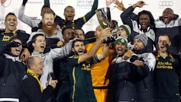 Nov 29, 2015; Dallas, TX, USA; Portland Timbers players celebrate winning the Western Conference championship against FC Dallas at Toyota Stadium. The matched ends in 2-2 draw. The Timbers advance on aggregate goals. Mandatory Credit: Tim Heitman-USA TODAY Sports