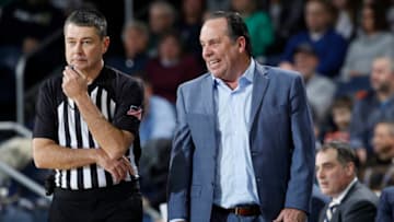 SOUTH BEND, IN - JANUARY 11: Head coach Mike Brey of the Notre Dame Fighting Irish reacts in the second half of the game against the Louisville Cardinals at Purcell Pavilion on January 11, 2020 in South Bend, Indiana. Louisville defeated Notre Dame 67-64. (Photo by Joe Robbins/Getty Images)