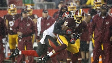 Aug 31, 2016; Tampa, FL, USA; Washington Redskins wide receiver Rashad Ross (19) runs with the ball as Tampa Bay Buccaneers cornerback Jude Adjei-Barimah (38) tackles during the first half at Raymond James Stadium. Mandatory Credit: Kim Klement-USA TODAY Sports