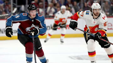 DENVER, COLORADO - APRIL 15: Cale Makar #8 of the Colorado Avalanche starts against the Calgary Flames in the first period during Game Three of the Western Conference First Round during the 2019 NHL Stanley Cup Playoffs at the Pepsi Center on April 15, 2019 in Denver, Colorado. (Photo by Matthew Stockman/Getty Images)