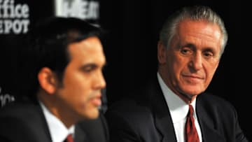 Head coach Erik Spoelstra (L) and President Pat Riley (R) of the Miami Heat (Photo by Doug Benc/Getty Images)