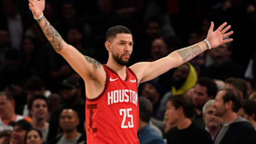 NEW YORK, NEW YORK - JANUARY 23: Austin Rivers #25 of the Houston Rockets reacts after scoring during the fourth quarter of the game against the New York Knicks at Madison Square Garden on January 23, 2019 in New York City. NOTE TO USER: User expressly acknowledges and agrees that, by downloading and or using this photograph, User is consenting to the terms and conditions of the Getty Images License Agreement. (Photo by Sarah Stier/Getty Images)
