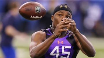 Feb 23, 2015; Indianapolis, IN, USA; Florida Atlantic defensive back D'Joun Smith catches a pass in a work out drill during the 2015 NFL Combine at Lucas Oil Stadium. Mandatory Credit: Brian Spurlock-USA TODAY Sports