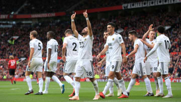 MANCHESTER, ENGLAND - SEPTEMBER 22: Joao Moutinho of Wolves celebrates after scoring their 1st goal during the Premier League match between Manchester United and Wolverhampton Wanderers at Old Trafford on September 22, 2018 in Manchester, England. (Photo by Simon Stacpoole/Offside/Getty Images)
