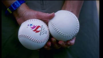 30 Jul 1996: A view of two softballs during the USA versus China women''s softball game in the 1996 Olympic Games at Golden Park in Atlanta, Georgia.