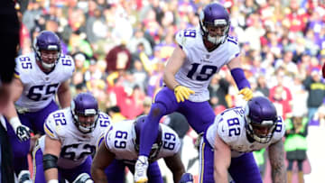 LANDOVER, MD - NOVEMBER 12: Wide receiver Adam Thielen #19 of the Minnesota Vikings celebrates with teammates after scoring a touchdown during the second quarter against the Washington Redskins at FedExField on November 12, 2017 in Landover, Maryland. (Photo by Patrick McDermott/Getty Images)