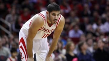 Jan 8, 2014; Houston, TX, USA; Houston Rockets small forward Omri Casspi (18) rests for a moment during the second quarter against the Los Angeles Lakers at Toyota Center. Mandatory Credit: Andrew Richardson-USA TODAY Sports