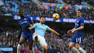Antonio Rudiger of Chelsea and Sergio Aguero of Manchester City battle for the ball as Andreas Christensen of Chelsea. (Photo by Shaun Botterill/Getty Images)