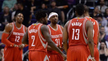 Feb 4, 2016; Phoenix, AZ, USA; Houston Rockets guard Jason Terry (31) huddles up with teammates guard Patrick Beverley (2) and guard James Harden (13) at Talking Stick Resort Arena. Mandatory Credit: Jennifer Stewart-USA TODAY Sports
