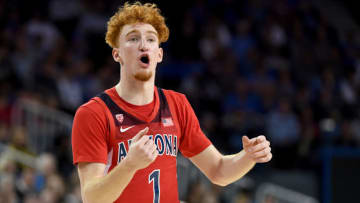 LOS ANGELES, CA - FEBRUARY 29: Nico Mannion #1 of the Arizona Wildcats instructs the offense during the game against the UCLA Bruins at Pauley Pavilion on February 29, 2020 in Los Angeles, California. The UCLA Bruins defeated the Arizona Wildcats 69-64. (Photo by Jayne Kamin-Oncea/Getty Images)