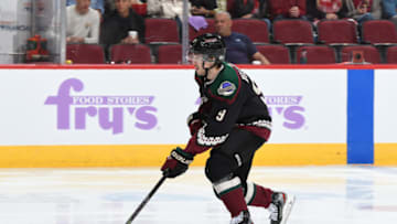GLENDALE, ARIZONA - NOVEMBER 16: Clayton Keller #9 of the Arizona Coyotes skates with the puck against the Calgary Flames at Gila River Arena on November 16, 2019 in Glendale, Arizona. (Photo by Norm Hall/NHLI via Getty Images)
