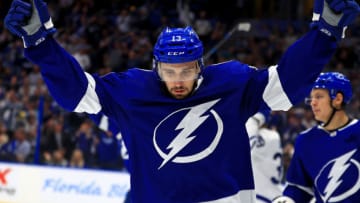 TAMPA, FLORIDA - FEBRUARY 25: Cedric Paquette #13 of the Tampa Bay Lightning reacts to a goal during a game against the Toronto Maple Leafs at Amalie Arena on February 25, 2020 in Tampa, Florida. (Photo by Mike Ehrmann/Getty Images)