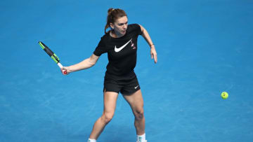 MELBOURNE, AUSTRALIA - JANUARY 10: Simona Halep of Romania plays a shot during a practice session ahead of the 2019 Australian Open at Melbourne Park on January 10, 2019 in Melbourne, Australia. (Photo by Scott Barbour/Getty Images)