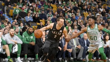 BOSTON, MA - APRIL 11: Nik Stauskas #2 of the Brooklyn Nets handles the ball against the Boston Celtics on April 11, 2018 at the TD Garden in Boston, Massachusetts. NOTE TO USER: User expressly acknowledges and agrees that, by downloading and/or using this photograph, user is consenting to the terms and conditions of the Getty Images License Agreement. Mandatory Copyright Notice: Copyright 2018 NBAE (Photo by Brian Babineau/NBAE via Getty Images)