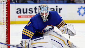 Jan 12, 2023; Buffalo, New York, USA; Buffalo Sabres goaltender Ukko-Pekka Luukkonen (1) looks for the puck during the third period against the Winnipeg Jets at KeyBank Center. Mandatory Credit: Timothy T. Ludwig-USA TODAY Sports