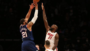 Brooklyn Nets center LaMarcus Aldridge (21) takes a shot against Miami Heat center Dewayne Dedmon (21)(Andy Marlin-USA TODAY Sports)