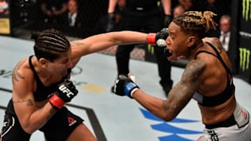 AUCKLAND, NEW ZEALAND - FEBRUARY 23: (L-R) Priscila Cachoeira of Brazil punches Shana Dobson in their flyweight bout during the UFC Fight Night event at Spark Arena on February 23, 2020 in Auckland, New Zealand. (Photo by Jeff Bottari/Zuffa LLC)