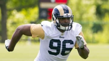 May 16, 2014; St. Louis, MO, USA; St. Louis Rams defensive end Michael Sam (96) during rookie minicamp at Rams Park. Mandatory Credit: Scott Rovak-USA TODAY Sports