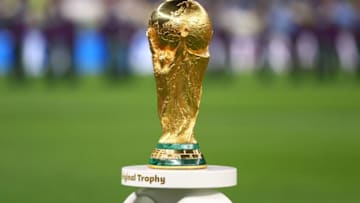 LUSAIL CITY, QATAR - DECEMBER 18: The FIFA World Cup trophy is seen before the FIFA World Cup Qatar 2022 Final match between Argentina and France at Lusail Stadium on December 18, 2022 in Lusail City, Qatar. (Photo by Chris Brunskill/Fantasista/Getty Images)