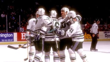 LANDOVER, MD - MARCH 24: Hartford Whalers celebrate a goal during a hockey game against the Washington Capitals on March 24, 1992 at Capitol Centre in Landover, Maryland. The Capitals won 8-2. (Photo by Mitchell Layton/Getty Images)