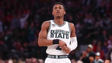 Feb 4, 2023; New York, New York, USA; Michigan State Spartans guard Tyson Walker (2) holds his hand after a basket against the Rutgers Scarlet Knights during the first half at Madison Square Garden. Mandatory Credit: Vincent Carchietta-USA TODAY Sports