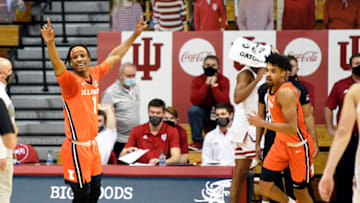 Feb 2, 2021; Bloomington, Indiana, USA; Illinois Fighting Illini guard Trent Frazier (1) celebrates their victory against Indiana Hoosiers at Simon Skjodt Assembly Hall. Mandatory Credit: Marc Lebryk-USA TODAY Sports