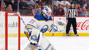 SUNRISE, FL - APRIL 4: Goaltender Devon Levi #27 of the Buffalo Sabres defends the net against the Florida Panthers at the FLA Live Arena on April 4, 2023 in Sunrise, Florida. (Photo by Joel Auerbach/Getty Images)