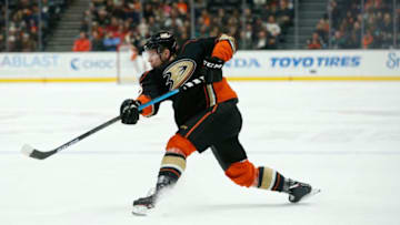 ANAHEIM, CALIFORNIA - DECEMBER 09: Ondrej Kase #25 of the Anaheim Ducks takes a shot on goal against the New Jersey Devils at Honda Center on December 09, 2018 in Anaheim, California. (Photo by Katharine Lotze/Getty Images)