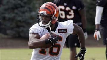 Jul 26, 2013; Cincinnati, OH, USA; Cincinnati Bengals wide receiver Andrew Hawkins (16) runs the ball during training camp at Paul Brown Stadium. Mandatory Credit: David Kohl-USA TODAY Sports