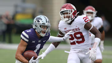 Oct 2, 2021; Manhattan, Kansas, USA;Kansas State Wildcats wide receiver Keenan Garber (1) runs against Oklahoma Sooners safety Jordan Mukes (29) during the third quarter at Bill Snyder Family Football Stadium. Mandatory Credit: Scott Sewell-USA TODAY Sports