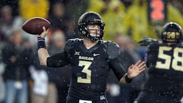 Nov 14, 2015; Waco, TX, USA; Baylor Bears quarterback Jarrett Stidham (3) drops back to pass against the Oklahoma Sooners during the first quarter at McLane Stadium. Mandatory Credit: Jerome Miron-USA TODAY Sports
