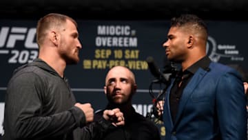 CLEVELAND, OH - SEPTEMBER 08: (L-R) Opponents Stipe Miocic and Alistair Overeem of The Netherlands face off during the UFC 203 press conference at Quicken Loans Arena September 8, 2016 in Cleveland, Ohio. (Photo by Josh Hedges/Zuffa LLC/Zuffa LLC via Getty Images)