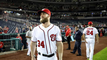 WASHINGTON, DC - SEPTEMBER 26: Bryce Harper #34 of the Washington Nationals looks around at the crowd following the Nationals 9-3 win over the Miami Marlins at Nationals Park on September 26, 2018 in Washington, DC. (Photo by Rob Carr/Getty Images)