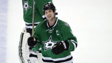 Feb 13, 2016; Dallas, TX, USA; Dallas Stars left wing Jamie Benn (14) celebrates the win over the Washington Capitals at the American Airlines Center. The Stars defeat the Capitals 4-3. Mandatory Credit: Jerome Miron-USA TODAY Sports