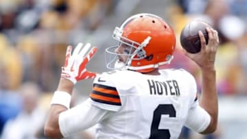 Sep 7, 2014; Pittsburgh, PA, USA; Cleveland Browns quarterback Brian Hoyer (6) passes the ball against the Pittsburgh Steelers during the third quarter at Heinz Field. The Steelers won 30-27. Mandatory Credit: Charles LeClaire-USA TODAY Sports