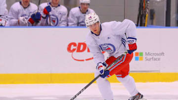 NEW YORK, NY - JUNE 29: New York Rangers Left Wing Michael Lindqvist (34) skates during New York Rangers Prospect Development Camp on June 29, 2018 at the MSG Training Center in New York, NY. (Photo by Rich Graessle/Icon Sportswire via Getty Images)