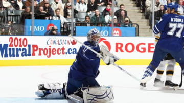 TORONTO - MARCH 28: Goalie Justin Pogge #1 of the Toronto Maple Leafs deflects the puck against the Boston Bruins during the NHL game at the Air Canada Centre on March 28, 2009 in Toronto, Ontario. (Photo by: Dave Sandford/Getty Images)